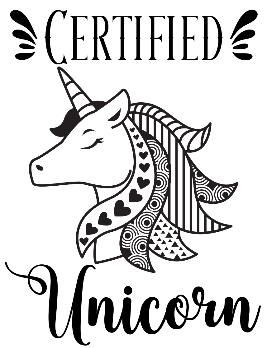 Certified Unicorn design with a decorated unicorn illustration