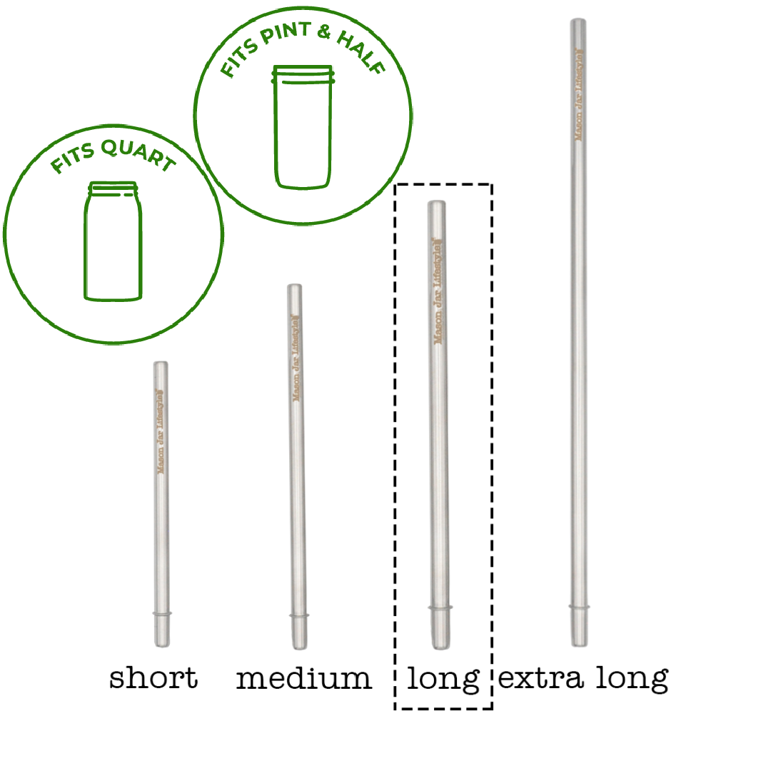Stainless steel straw size guide for short, medium, long, and extra-long Mason jars