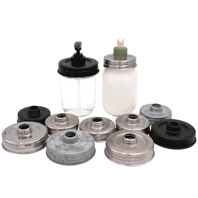 Assortment of Mason jar adapter lids for repurposed lotion and soap pumps