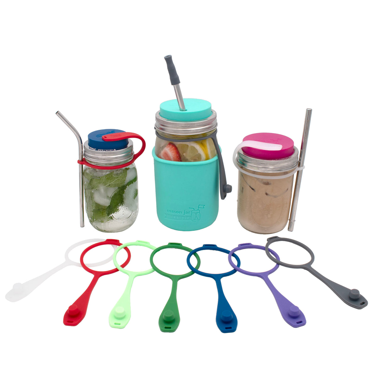 Silicone plugs with straw straps in Frost, Cherry Red, Mint Green, Leaf Green, Deep Blue, Ultra Violet, and Charcoal Gray, with three example Mason jar setups.