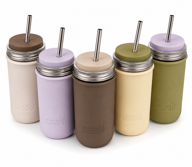 Five sample 24oz Mason jar straw tumblers with silicone sleeves in Greige, Light Orchid, Cocoa Brown, Butter Yellow, and Olive Green, assorted straw lids, stainless steel bands, and stainless steel straws