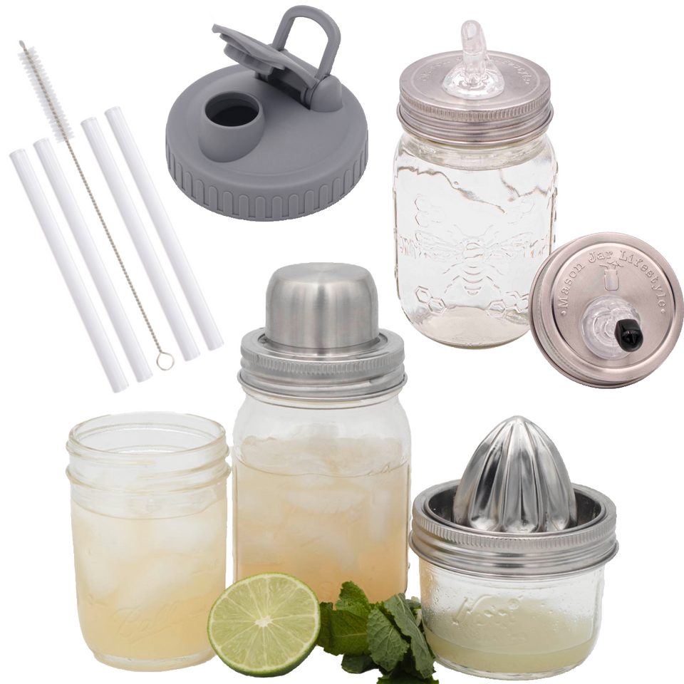 Cocktail bundle with shaker, juicer, pour spout, four glass straws and cleaner, and gray V1 carry-loop lid shown with Mason jars