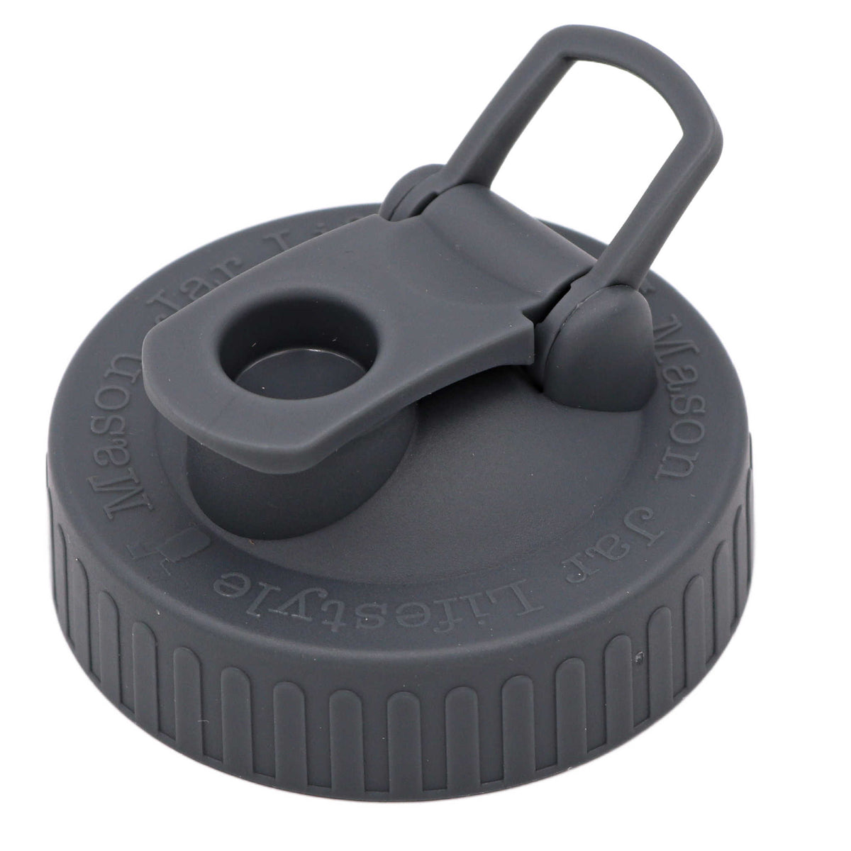 Regular Mouth Pour & Store shaker lid with carry loop in Charcoal Gray, shown on a white background.