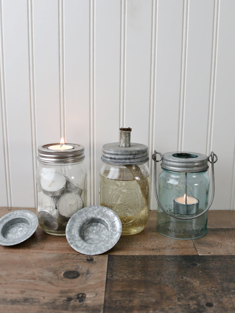 regular mouth galvanized tea light holder insert, tiki torch lamp lid, and tea light holder