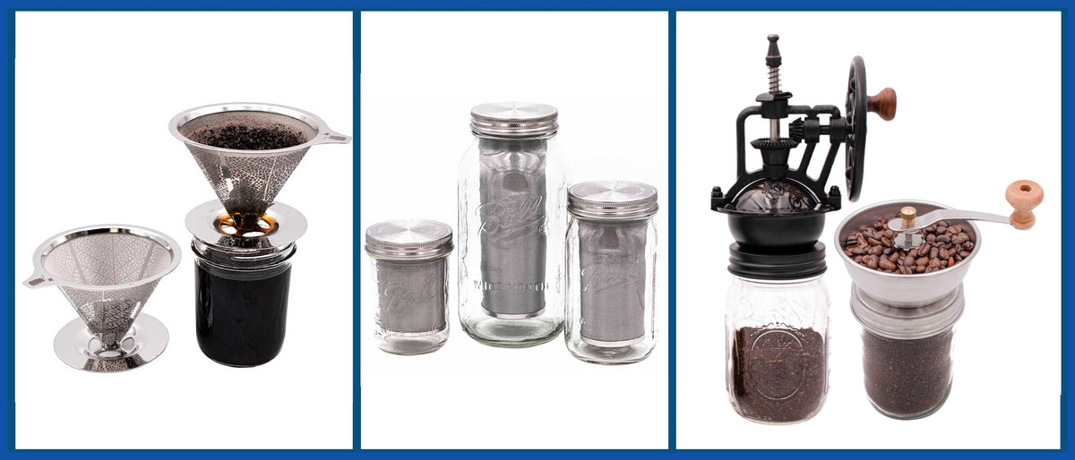 stainless steel pour over drip coffee filter, pint quart and half gallon cold brew coffee filters and vintage and standard wide mouth coffee grinders