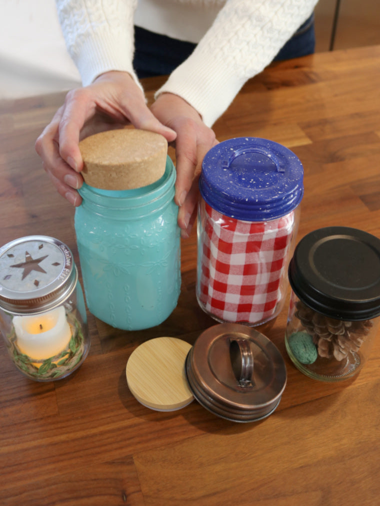 regular and wide mouth decorative lids, star cut out, cork, blue speckled canister, matte black vintage reproduction, bamboo stopper, and oil rubbed bronze canister lids