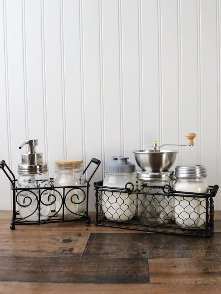 two and three pint black powder coated chicken wire and swirl caddies with foaming soap pump, bamboo storage stopper lid, pour and store lid, stainless steel coffee grinder, and aluminum sugar dispensing lid
