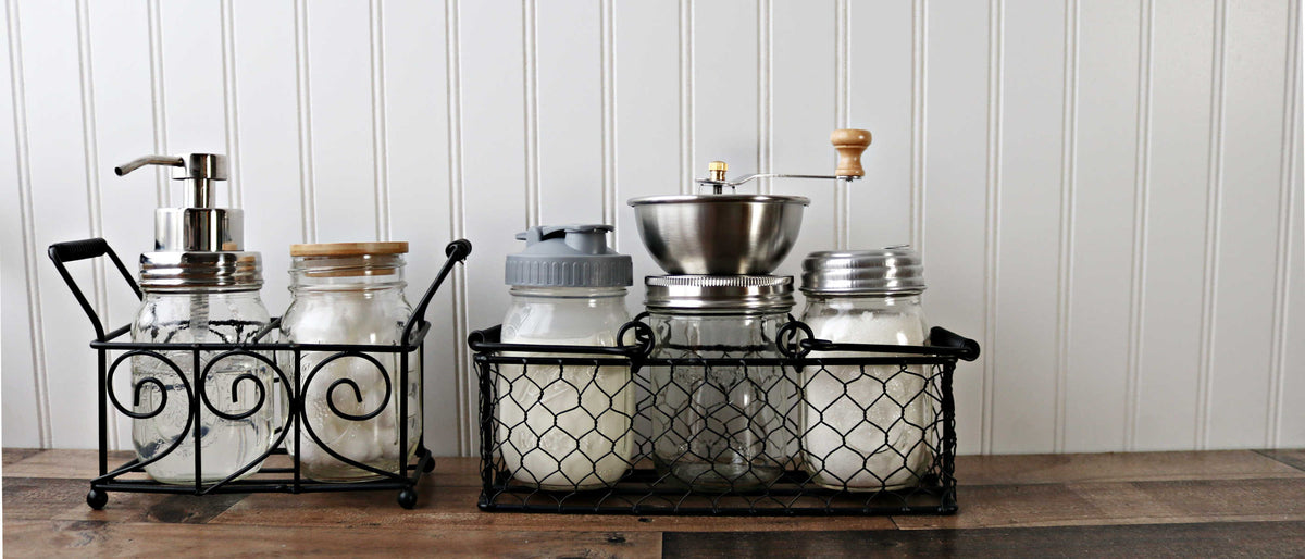 two and three pint black powder coated chicken wire and swirl caddies with foaming soap pump, bamboo storage stopper lid, pour and store lid, stainless steel coffee grinder, and aluminum sugar dispensing lid