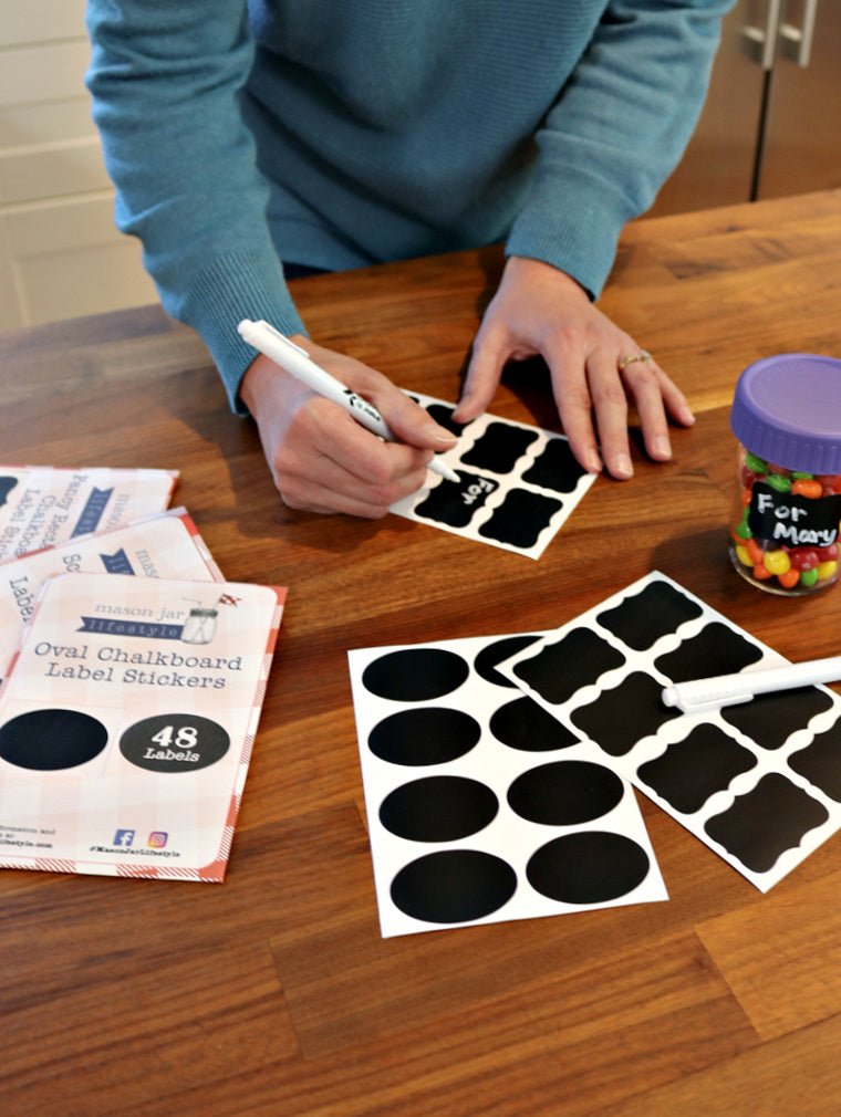 fancy rectangle and oval chalkboard label stickers and liquid chalk pen in use