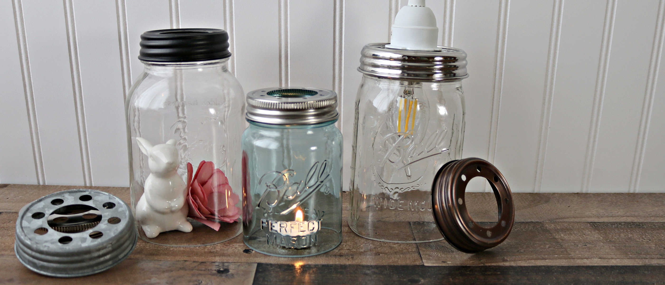 regular and wide mouth open bottom cut mason jar light shades with galvanized, matte black, stainless steel, and oil rubbed bronze lighting lids
