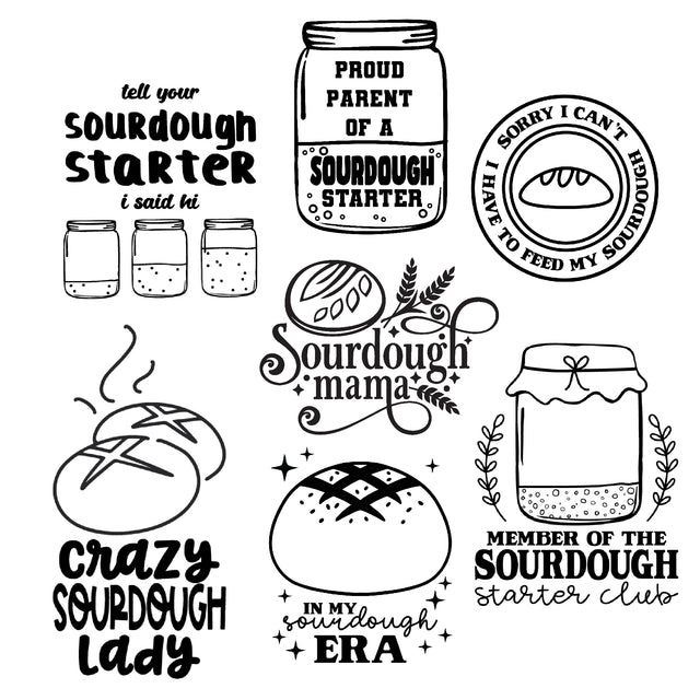 7 different sourdough starter based designs that we laser on silicone sleeves for Mason jars.