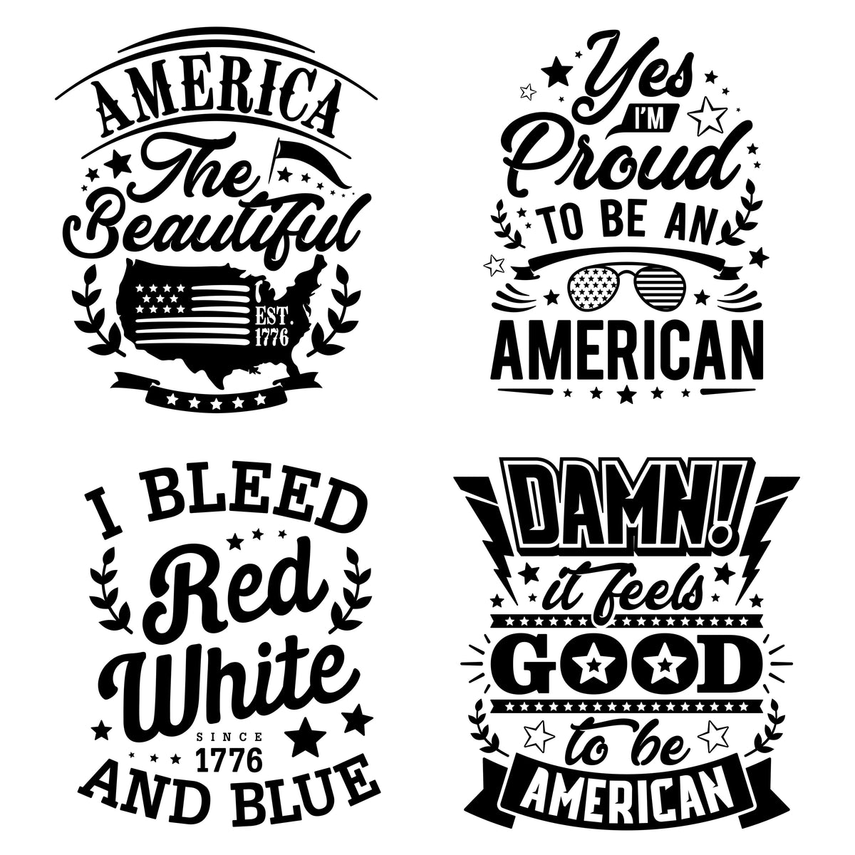 Four patriotic engraving designs with American slogans and flag motifs
