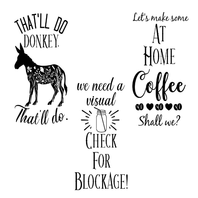 Three Abbie Jean engraving designs: That'll Do Donkey, At Home Coffee, and Check for Blockage