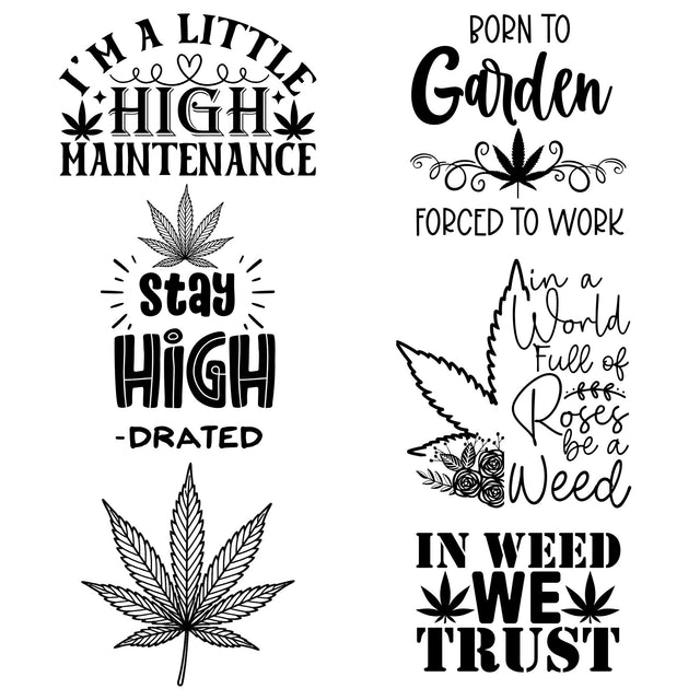 Six humorous cannabis-themed laser engraving designs