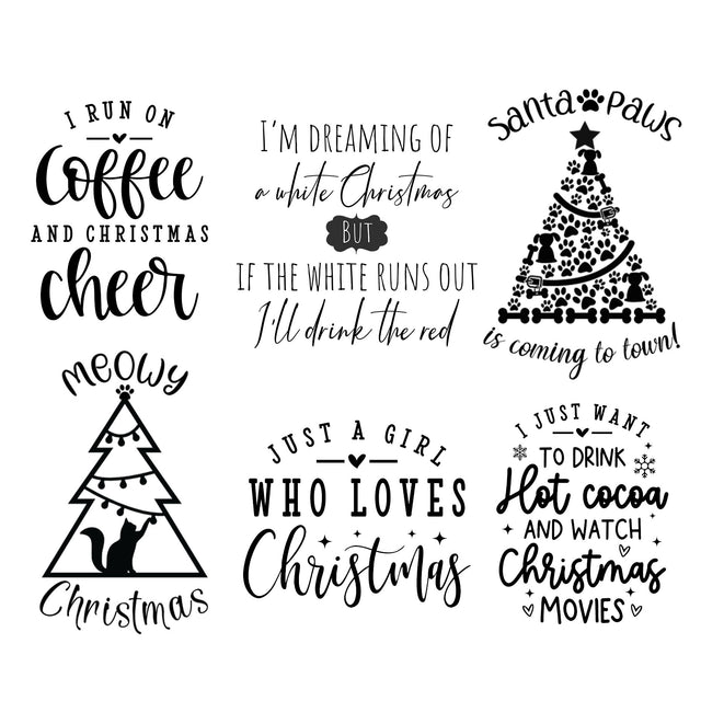 Six humorous Christmas engraving designs with coffee, cocoa, wine, cat, and dog themes