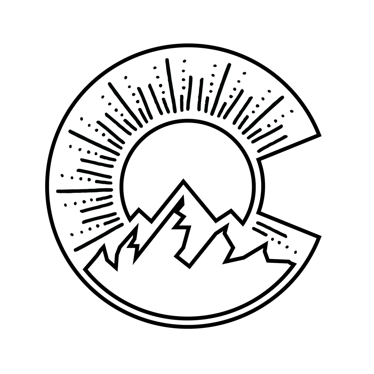 Colorado C engraving artwork with mountains and sun rays