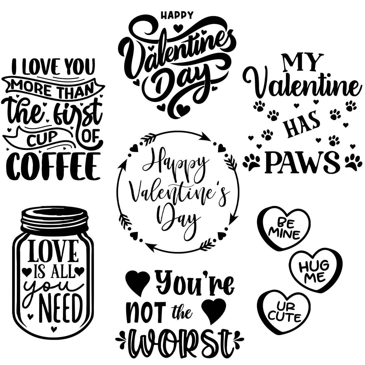 Seven Valentine's Day engraving designs with romantic and humorous sayings