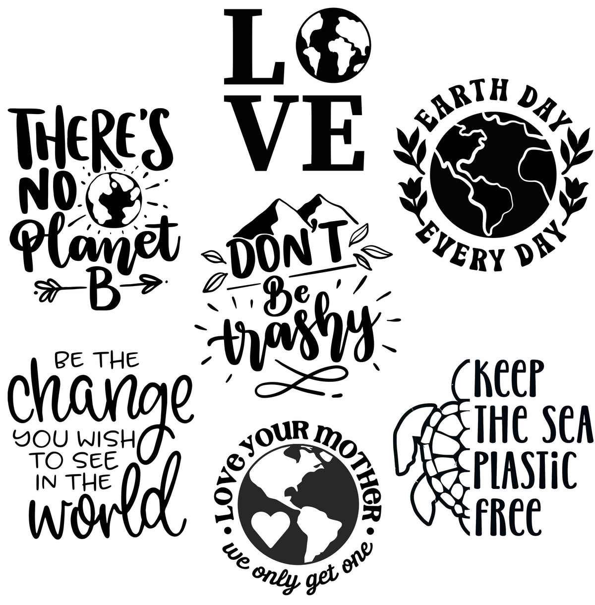 Seven Earth Day engraving designs with environmental messages, globes, mountains, and a sea turtle