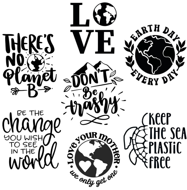 Seven Earth Day engraving designs with environmental messages, globes, mountains, and a sea turtle