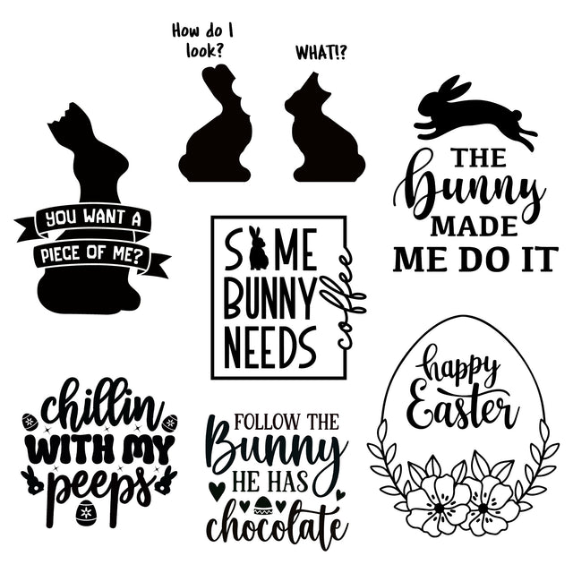 Seven Easter engraving designs with bunnies, eggs, flowers, and playful spring sayings