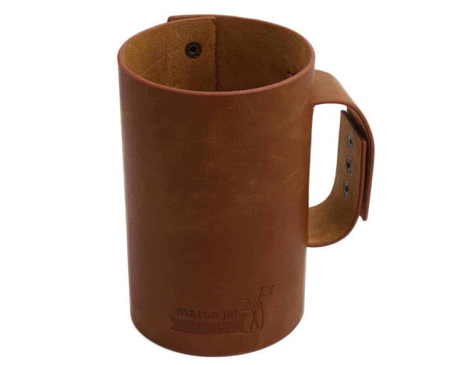 Brown faux leather sleeve with adjustable handle for a 24oz Mason jar