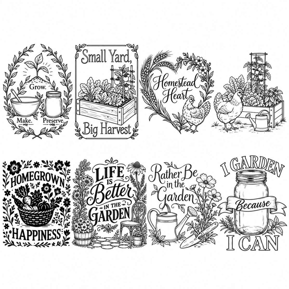 Eight gardening and homesteading engraving designs for silicone Mason jar sleeves