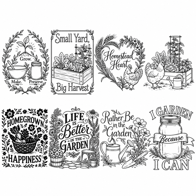 Eight gardening and homesteading engraving designs for silicone Mason jar sleeves