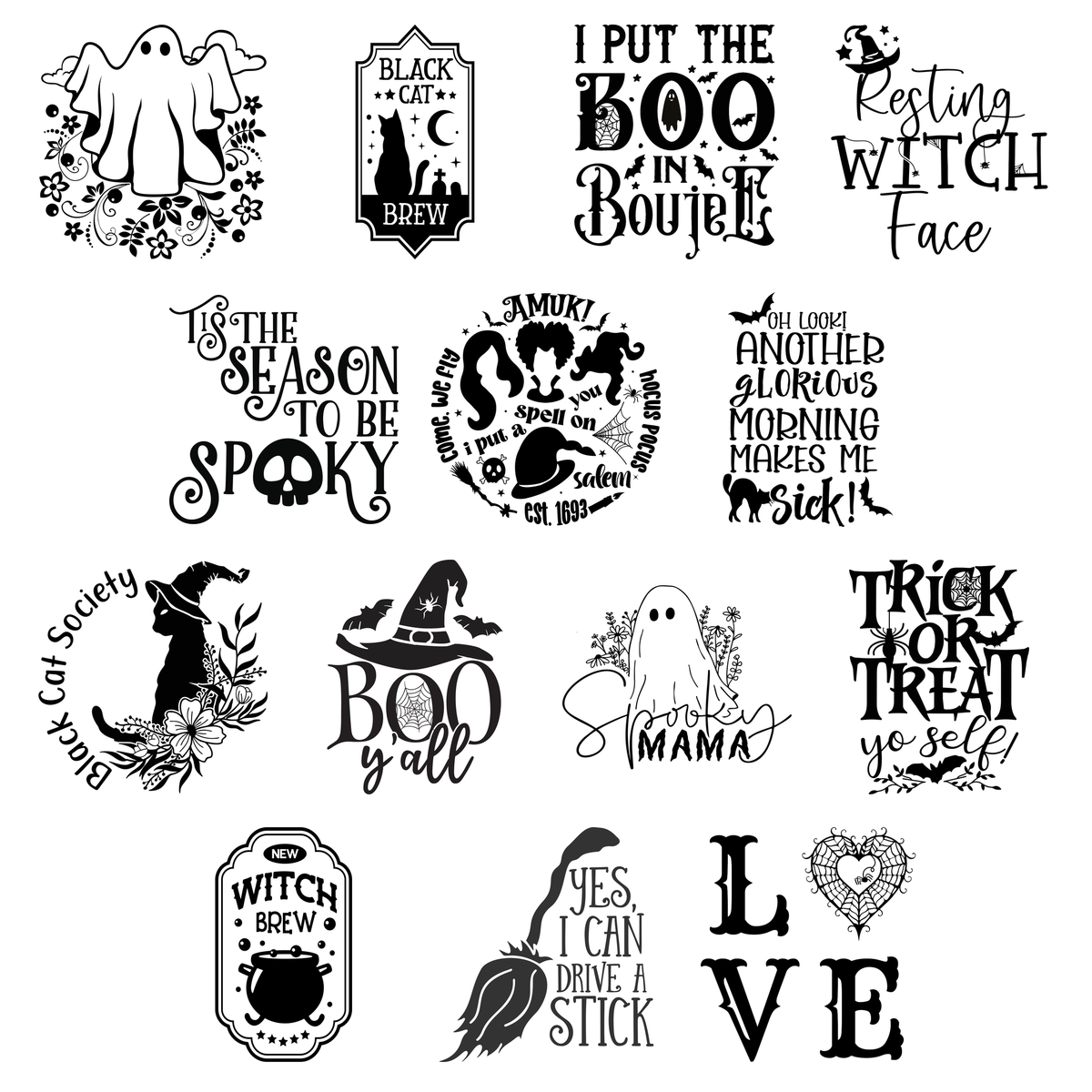 All 14 Halloween laser engraving designs featuring ghosts, black cats, witch-themed artwork, and spooky sayings