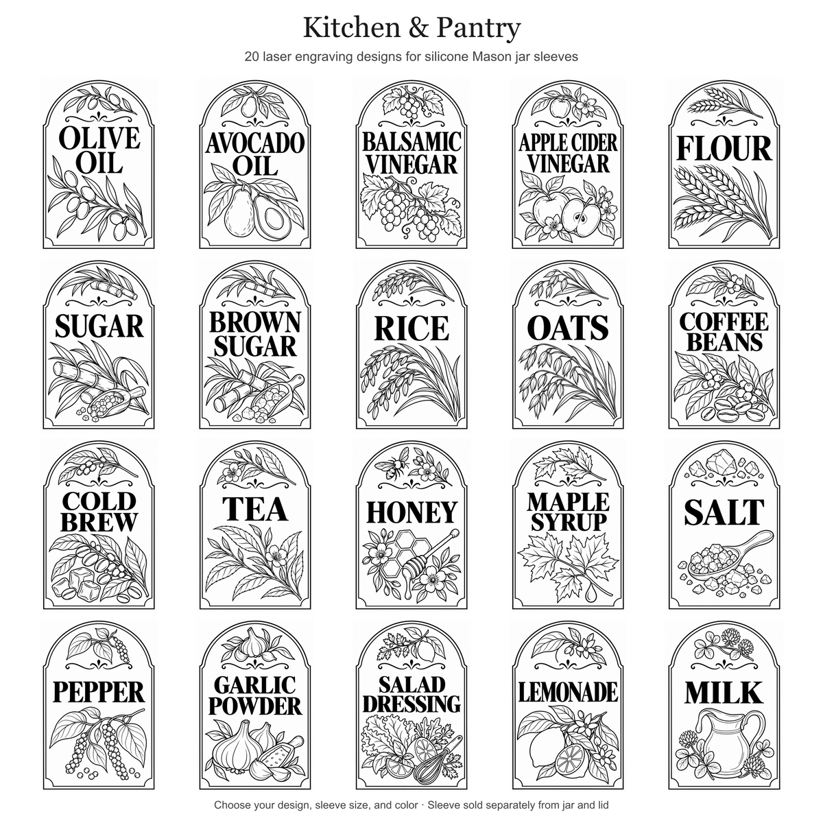 All 20 Kitchen & Pantry farmhouse canister label engraving designs for silicone Mason jar sleeves