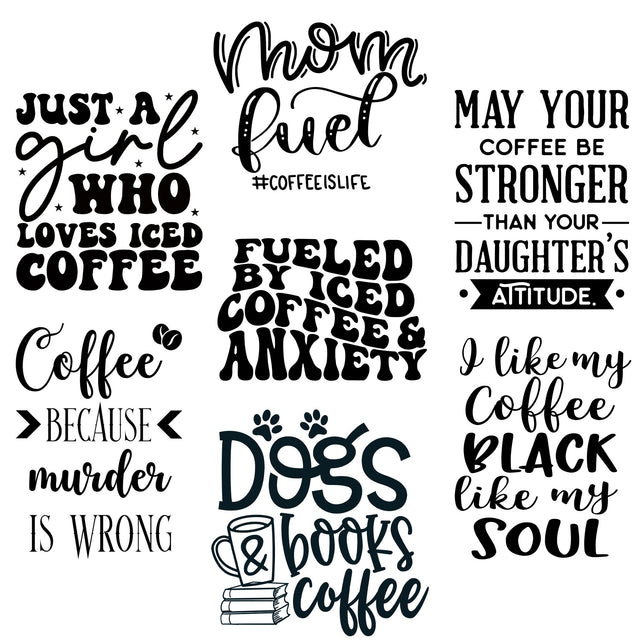 Seven coffee-themed engraving designs with humorous quotes about iced coffee, motherhood, dogs, and books