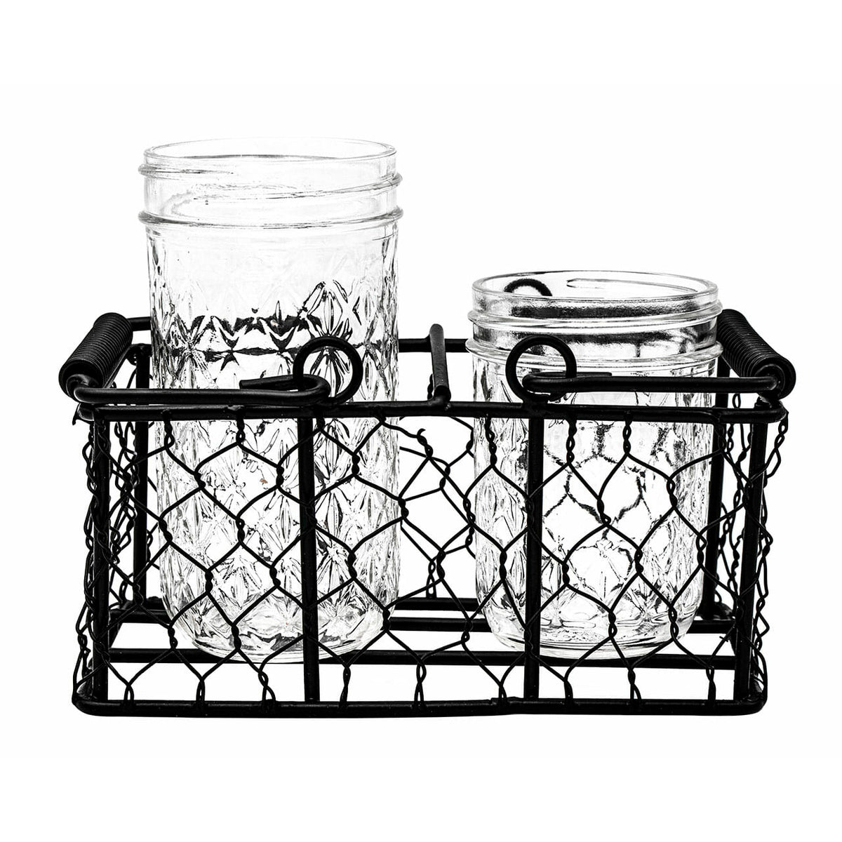2 half pint 8oz regular mouth chicken wire metal caddy wrapped black organizer craft jelly jar product on white