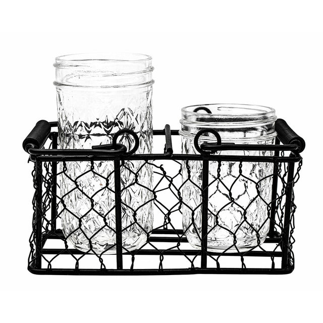 2 half pint 8oz regular mouth chicken wire metal caddy wrapped black organizer craft jelly jar product on white