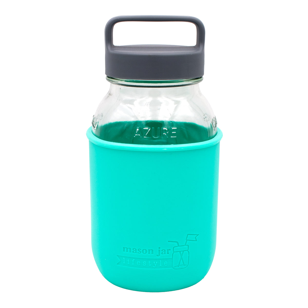 32oz quart glass water bottle aquamarine azure jar gray canister lid product on white