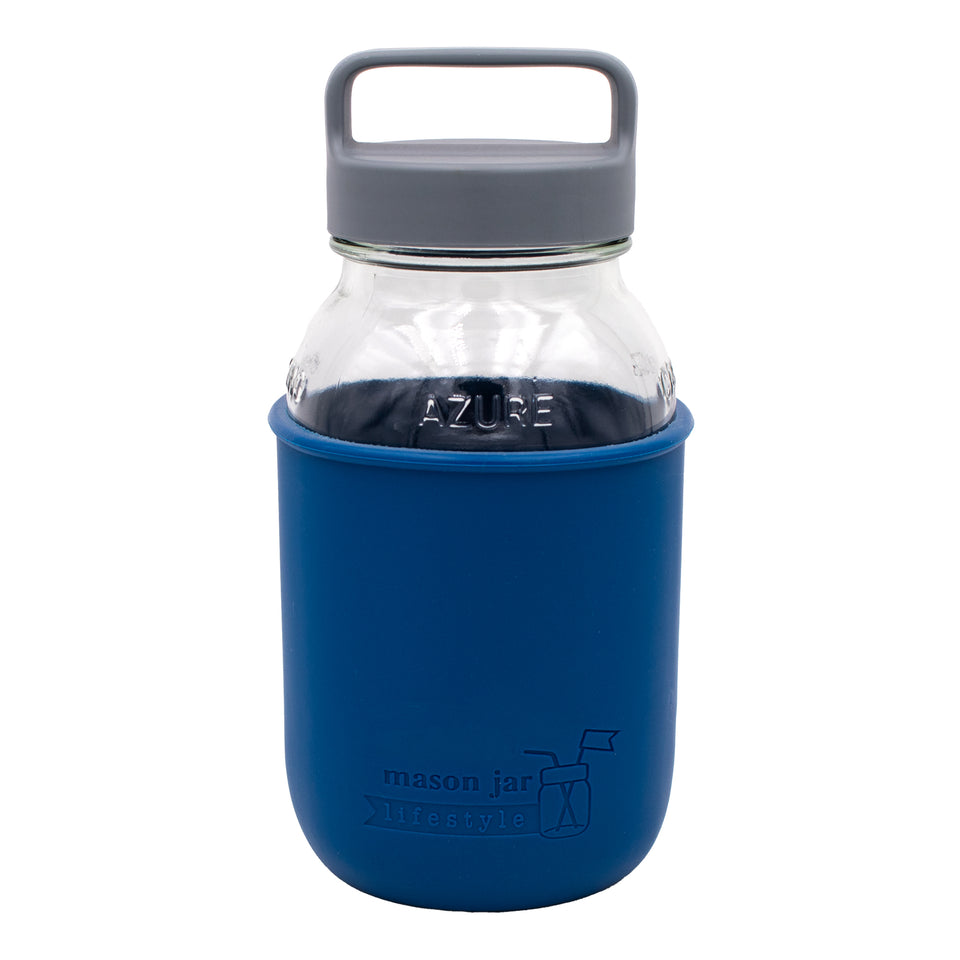 32oz Azure regular mouth Mason jar with a Deep Blue silicone sleeve and gray plastic carry handle lid