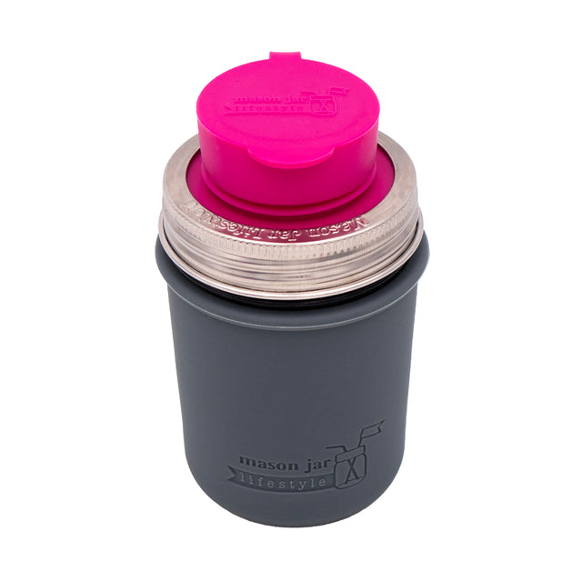 8oz regular mouth Mason jar sippy cup with a Charcoal Gray silicone sleeve, closed Berry Pink pop-up straw lid, and stainless steel band