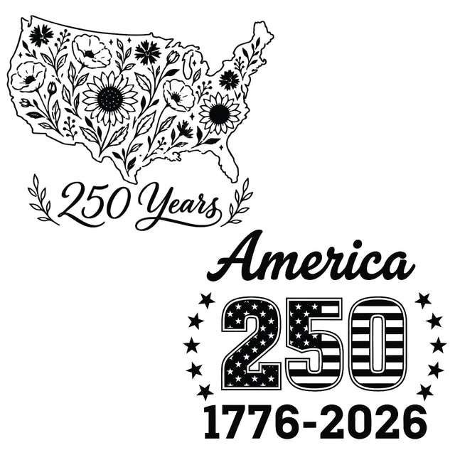 Two America 250th anniversary engraving designs: floral US map and patriotic 1776–2026 lettering