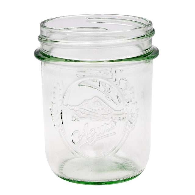 Azure Standard Mason 8oz regular mouth jar, showing off the debossed Azure logo. The logo is a simple mountain in an oval, with pieces of wheat framing it.