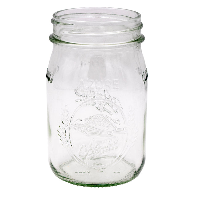 Azure Standard Mason 16oz regular mouth jar, showing off the debossed Azure logo. The logo is a simple mountain in an oval, with pieces of wheat framing it.