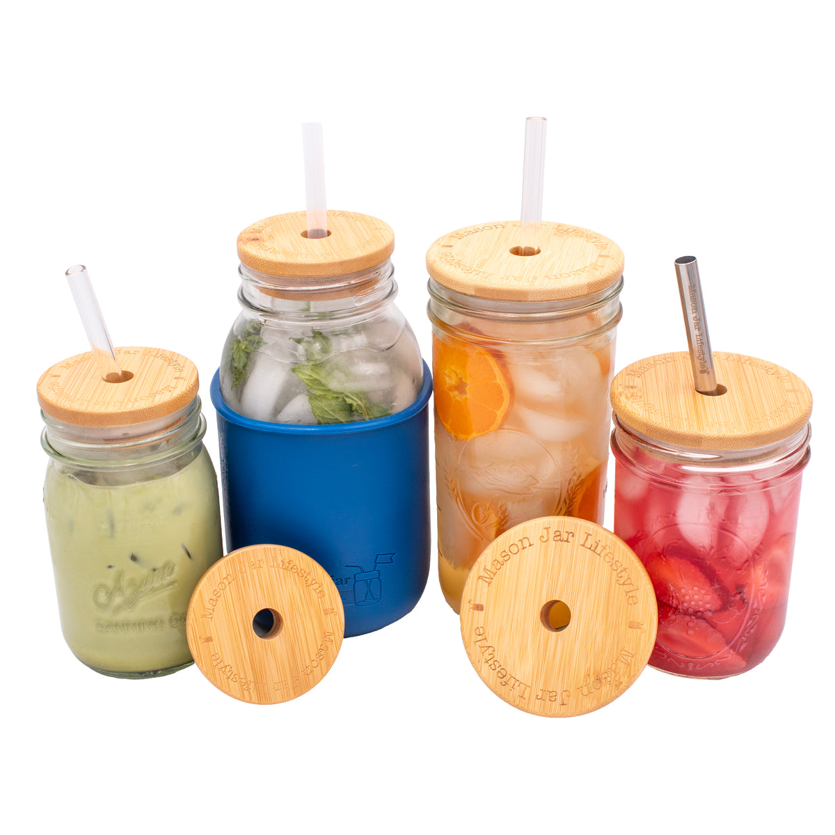 Bamboo straw hole lid travel water bottle matcha drink tumbler coffee wide regular mouth straw facing product on white