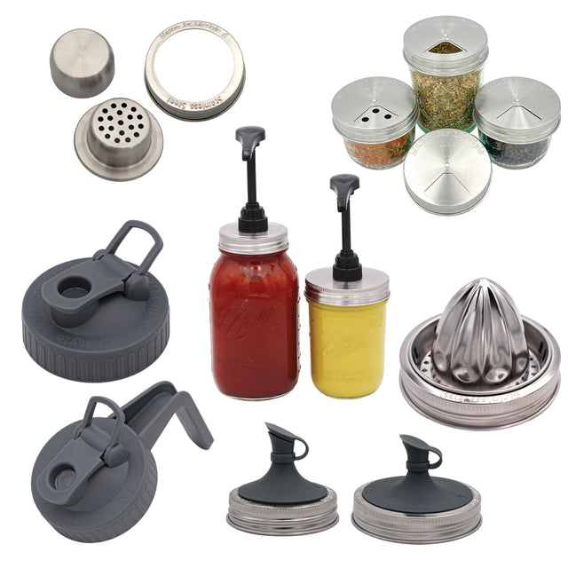 Backyard BBQ Mason jar accessories with condiment pumps, spice lids, Charcoal Gray pour lids, a stainless steel juicer, and cocktail shaker