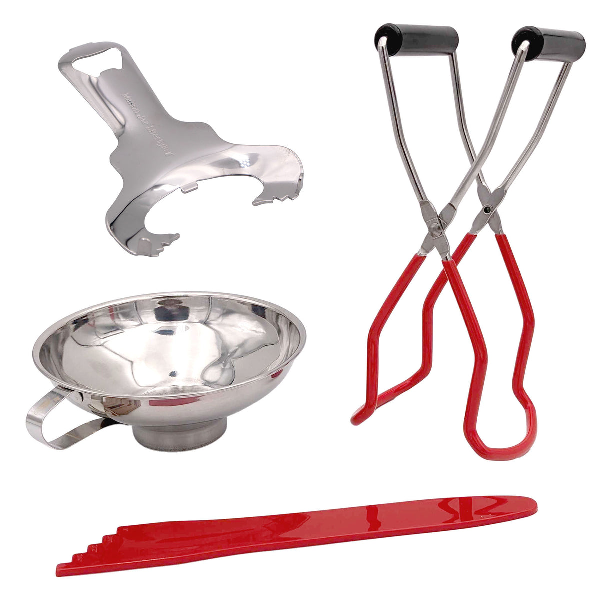 Four-piece canning set with stainless steel funnel, jar lifter, red bubble remover and headspace tool, and dent-free lid opener