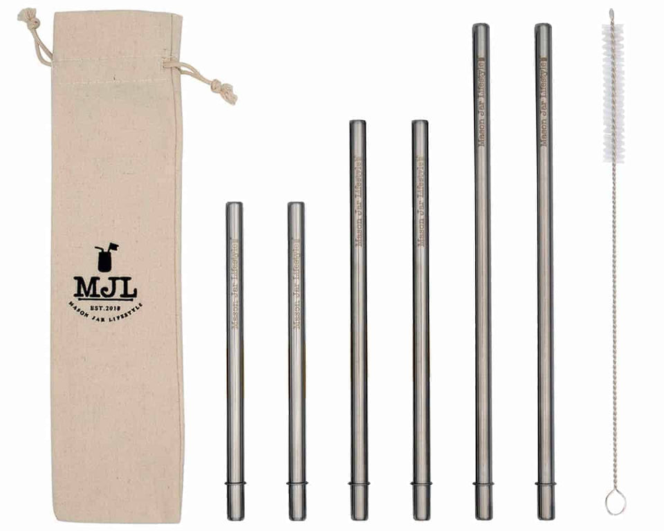 Mason Jar Lifestyle combo containing two Short, two Medium, and two Long stainless steel straws with rounded ends and locking tabs, a cloth drawstring bag, and a straw cleaner.