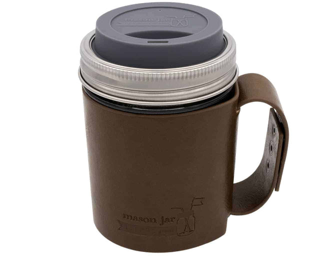 16oz wide mouth Mason jar travel mug with a brown faux leather handle sleeve, Charcoal Gray silicone drinking lid, and stainless steel band