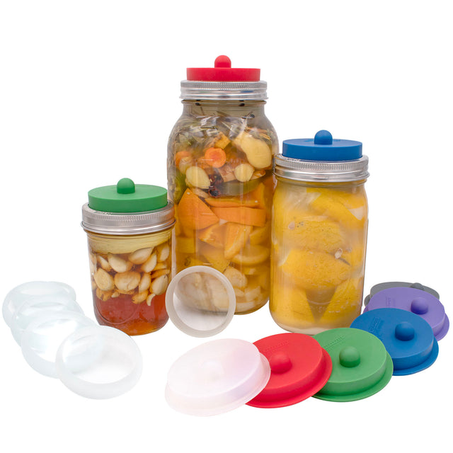 Wide mouth fermentation kit color options with silicone valve lids, stainless steel bands, and glass weights shown with jars; one kit per order