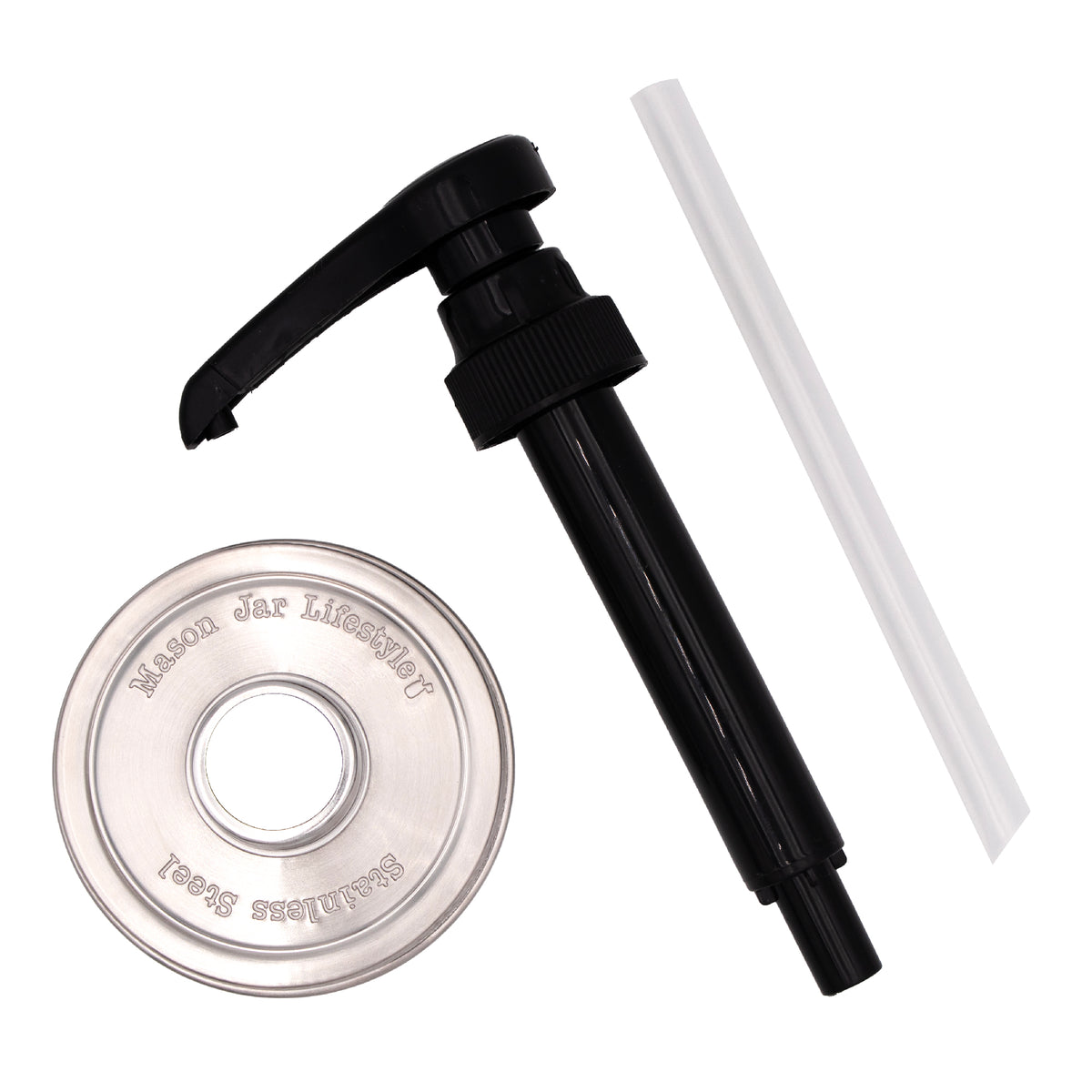 Food safe pump stainless steel lid regular mouth ketchup mustard ranch condiment picnic pieces product on white