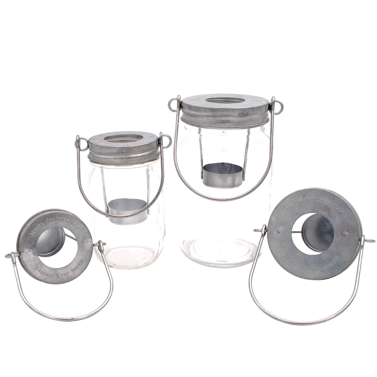 Galvanized stainless steel metal tea light candle holder handle lantern regular wide mouth 16oz pint 32oz quart main on white