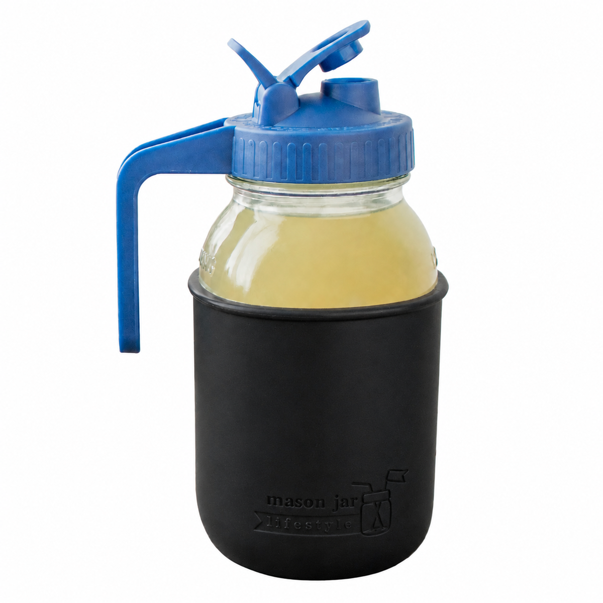 Ball quart Mason jar pitcher set with a Black silicone sleeve and Deep Blue Regular Mouth Pour & Store lid with handle.