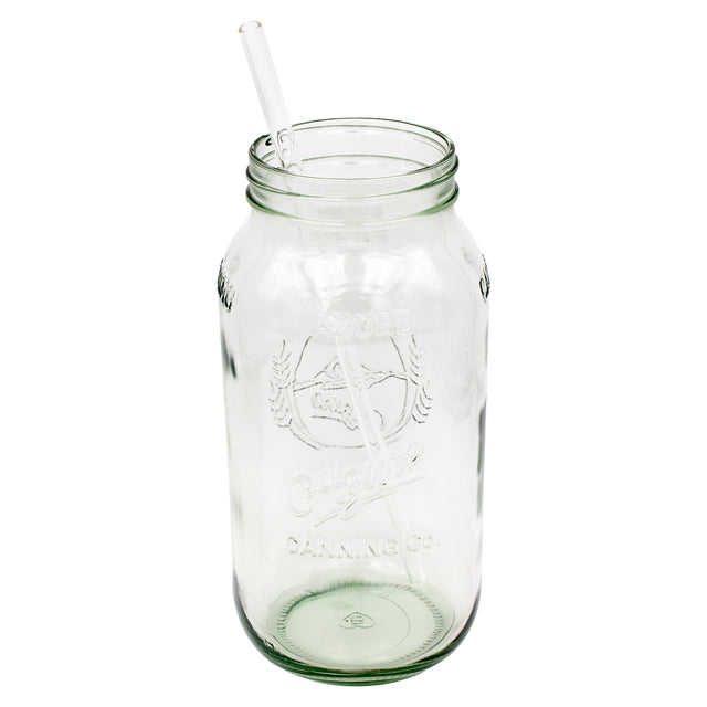 Extra-long clear glass straw in a half-gallon Azure Mason jar on a white background; jar sold separately.