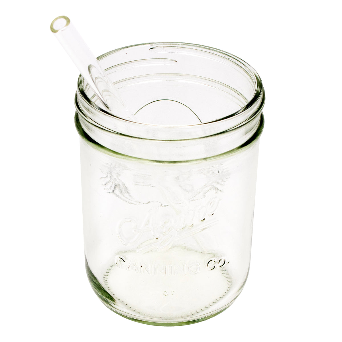 Medium glass straw in a wide mouth 16oz Mason jar.