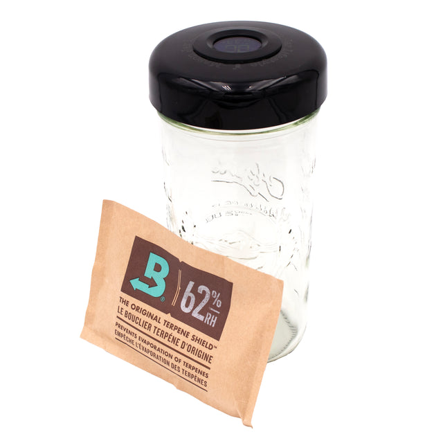 24oz Azure wide mouth Mason jar humidor with a black digital hygrometer lid and Boveda 62% humidity control pack